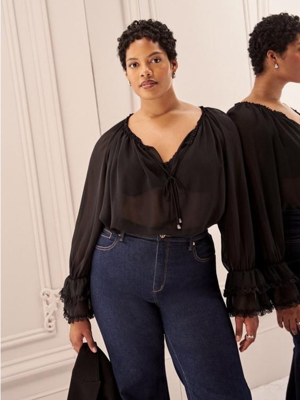 torrid Black Sheer Ruffle Cuff Peasant Blouse - Picture 2 of 7